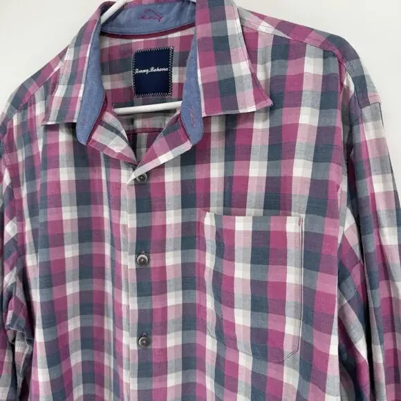 Tommy Bahama Stretch Long Sleeve Button Up Shirt Mens Large Fuchsia Blue Plaid - Picture 4 of 8